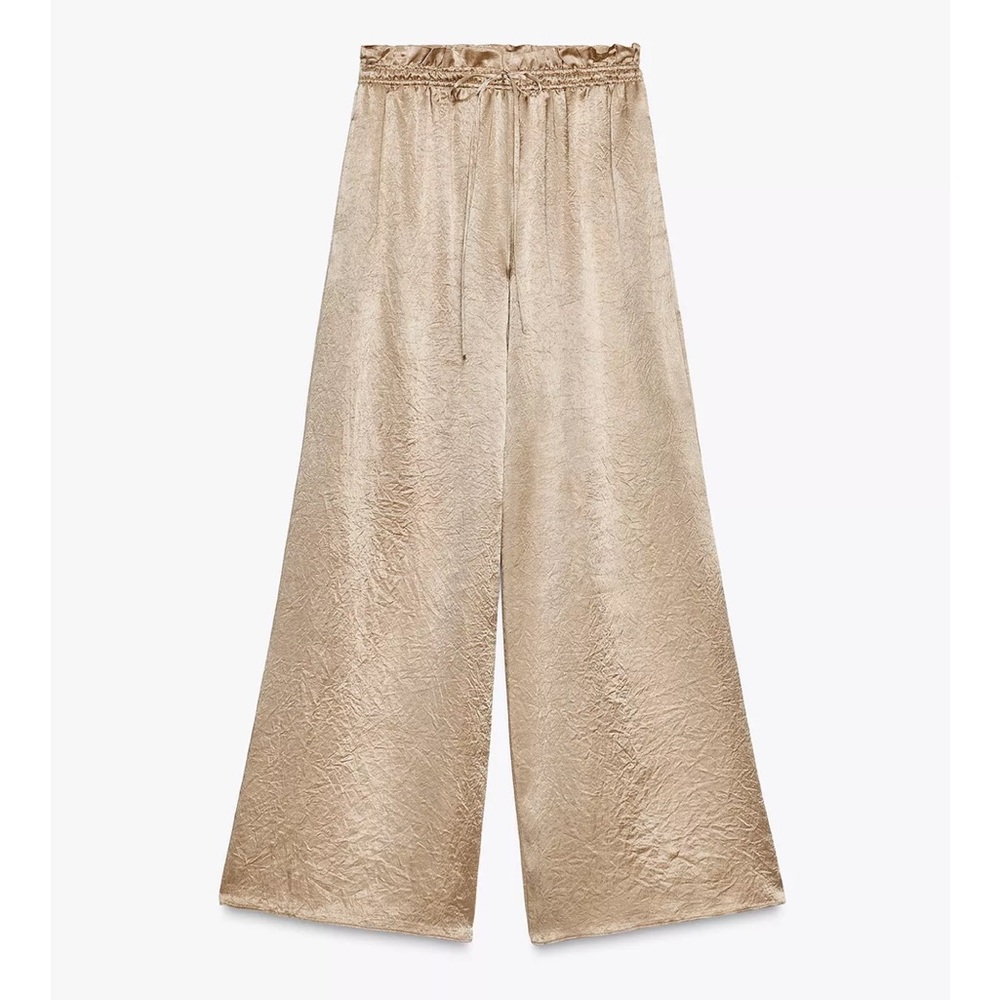 Zara NWT gold satin flowy wide me palazzo pants